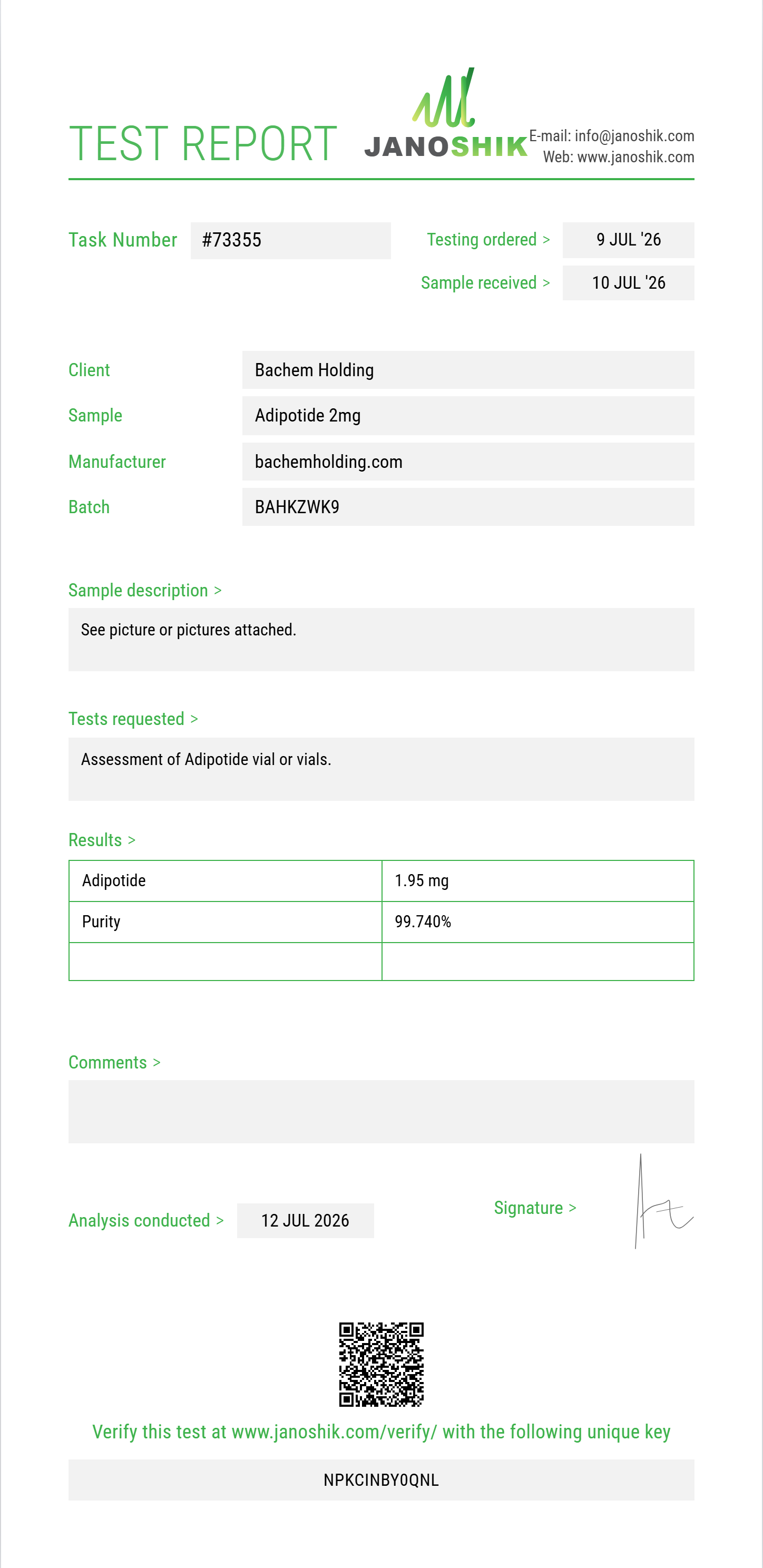 Adipotide Purity (HPLC) report by Janoshik Analytical