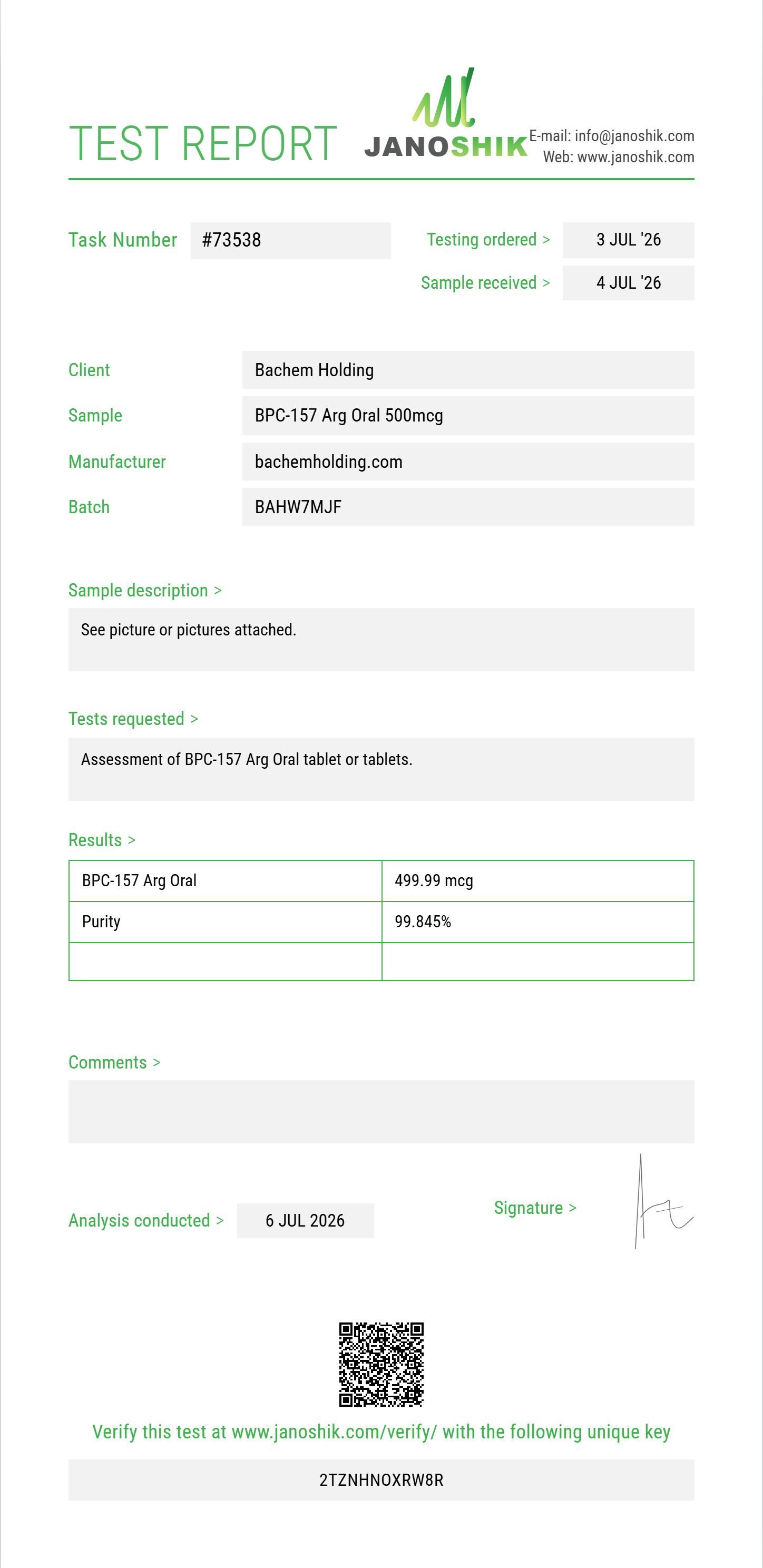 BPC-157 Arg Oral Purity (HPLC) report by Janoshik Analytical