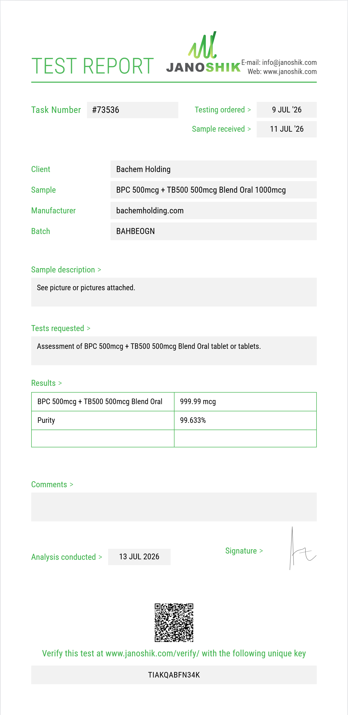 BPC 500mcg + TB500 500mcg Blend Oral Purity (HPLC) report by Janoshik Analytical