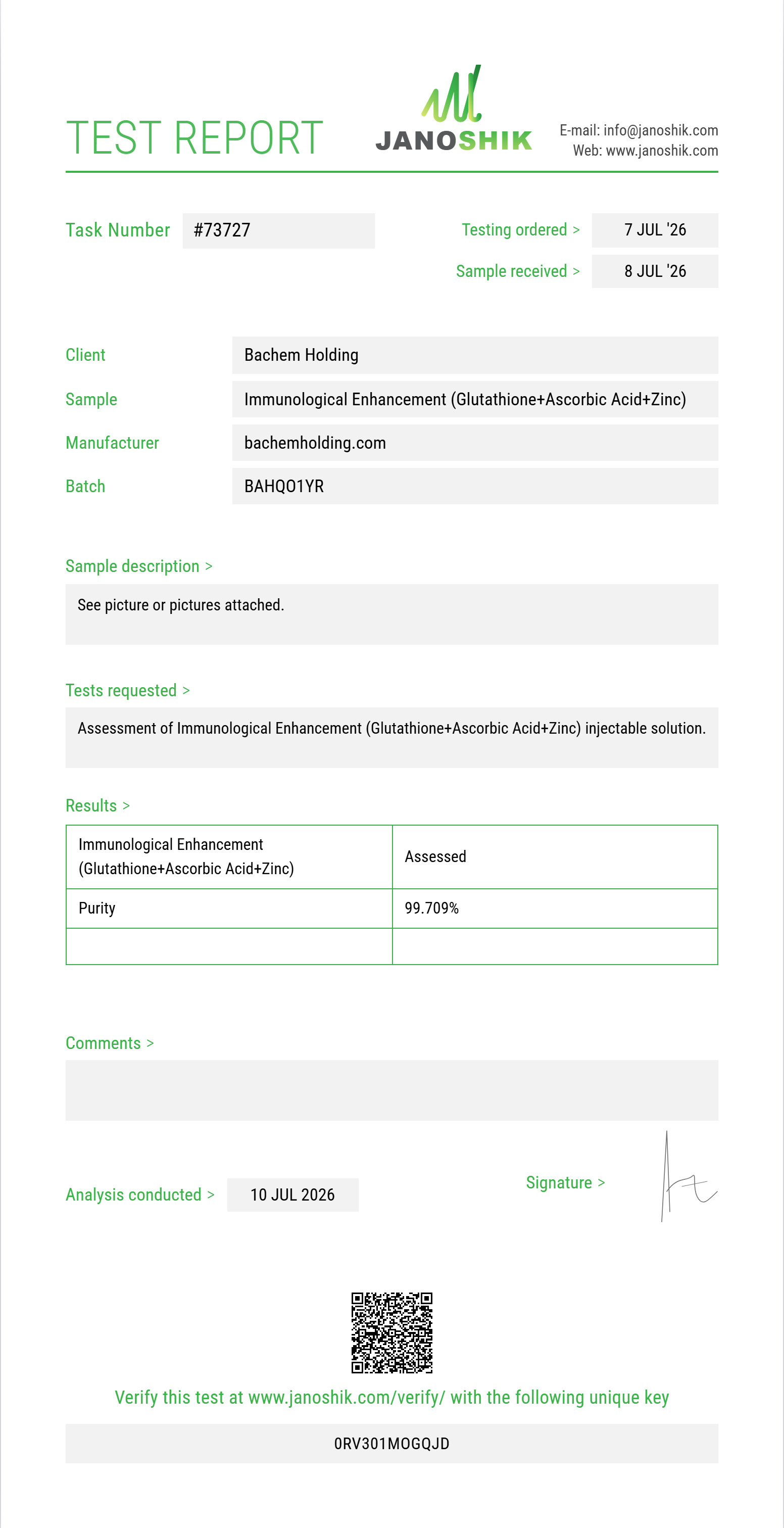 Immunological Enhancement (Glutathione 200mg+Ascorbic Acid 200mg+Zinc Sulfate 2.5mg) Purity (HPLC) report by Janoshik Analytical