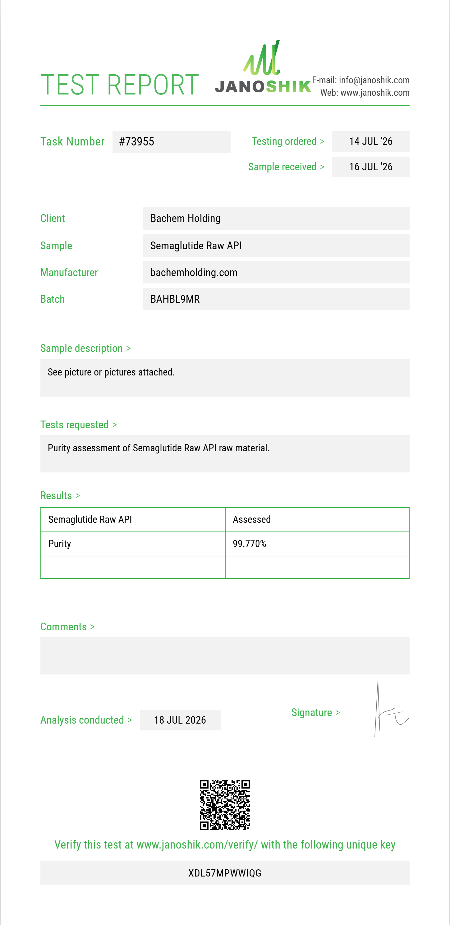 Semaglutide Raw Purity (HPLC) report by Janoshik Analytical