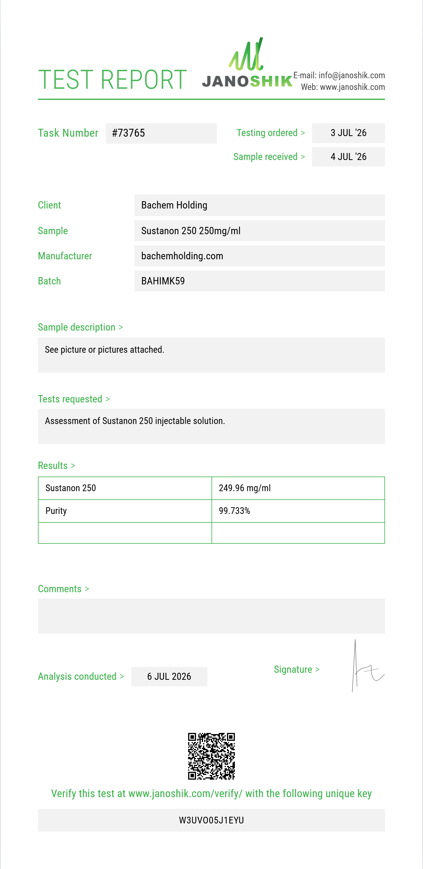 Sustanon 250 Purity (HPLC) report by Janoshik Analytical